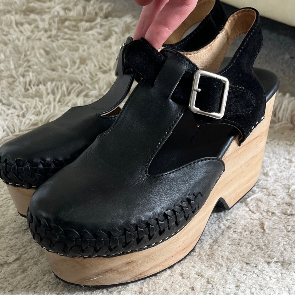 Free People Black Leather Wooden Platform Mules